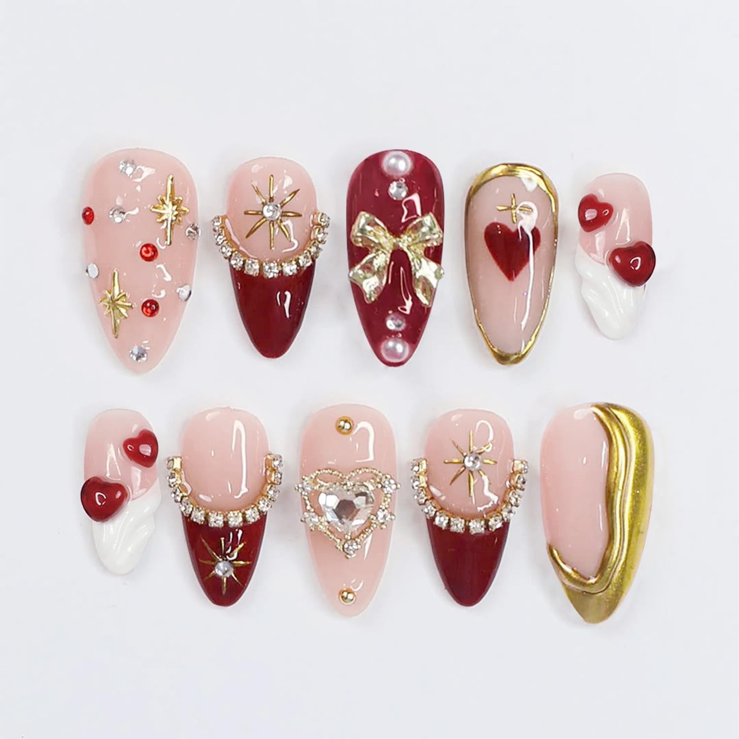 24Pcs Valentines Press on Nails Medium Almond Fake Nails 3D Gold Bow Pearl Rh…
