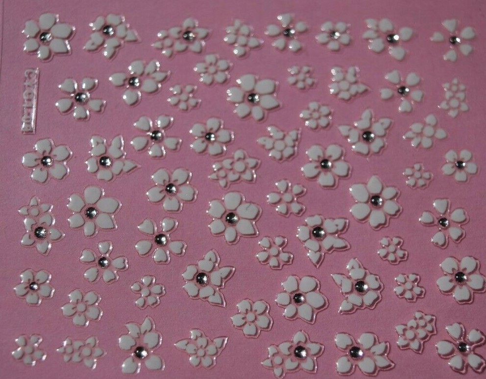 3D Nail Stickers Beautiful White Flowers with Crystals (price is for 2 pcs)