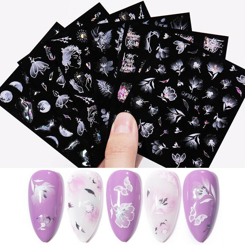 5D Embossed Snowflake Butterfly Rose Flowers Nail Stickers White Decals DIY NH14