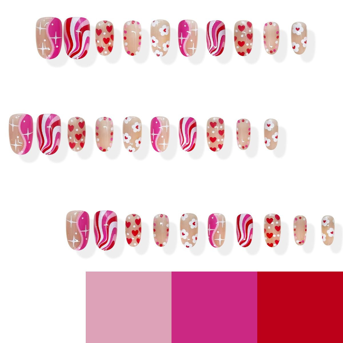 30Pcs Valentines Press on Nails Short Oval Fake Nails with Pink Wavy Stripes Ful