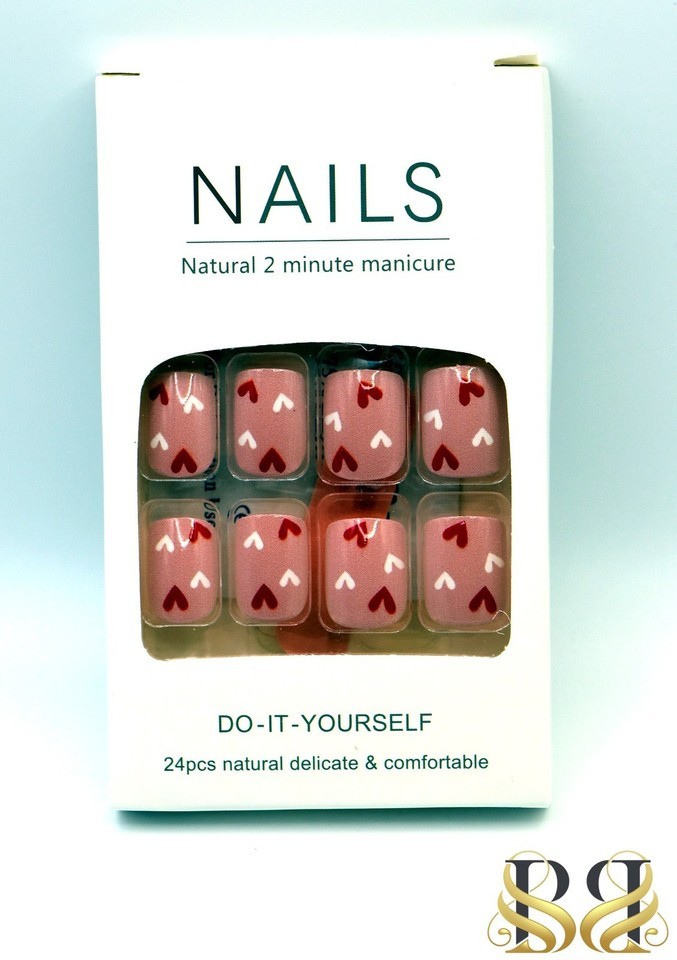 “Do-it-yourself” Press-On Nails with a Pink and White Heart Design