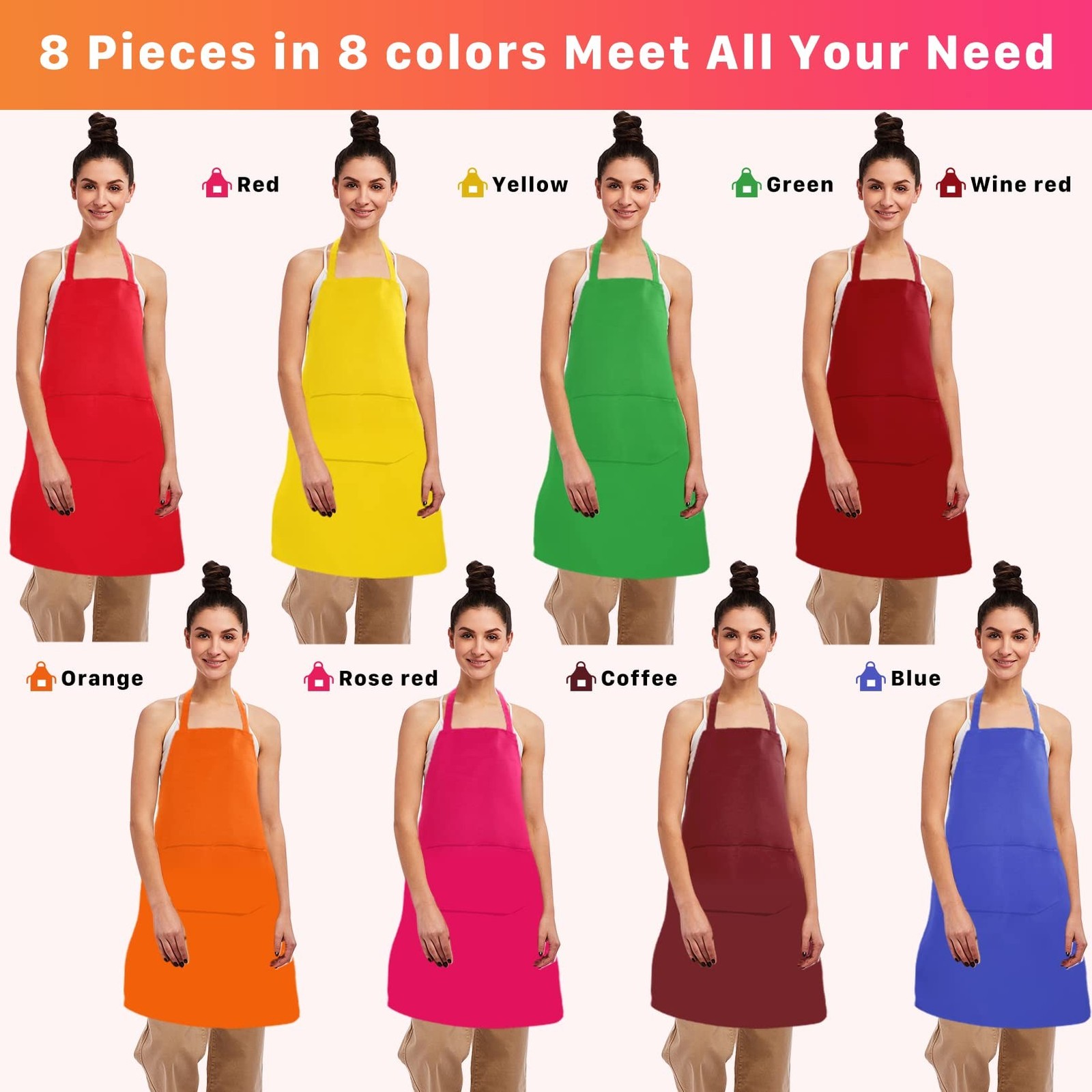 8 Pack Plain Bib Aprons Bulk,Mixed Color Apron with 2 Front Pockets,Washable …