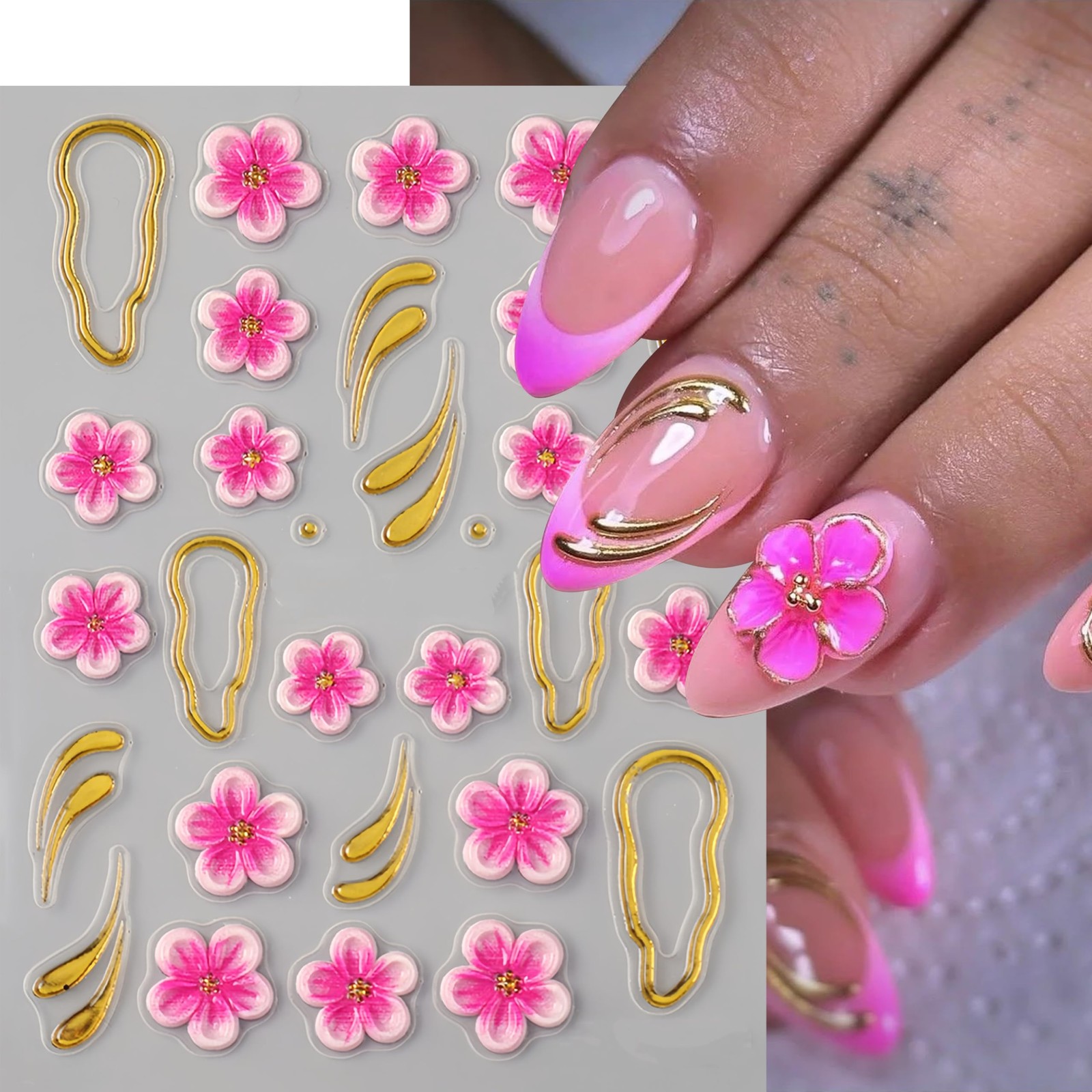 3 Sheets Flower Nail Stickers Decals 5D Embossed Flower Nail Decals Hibiscus …