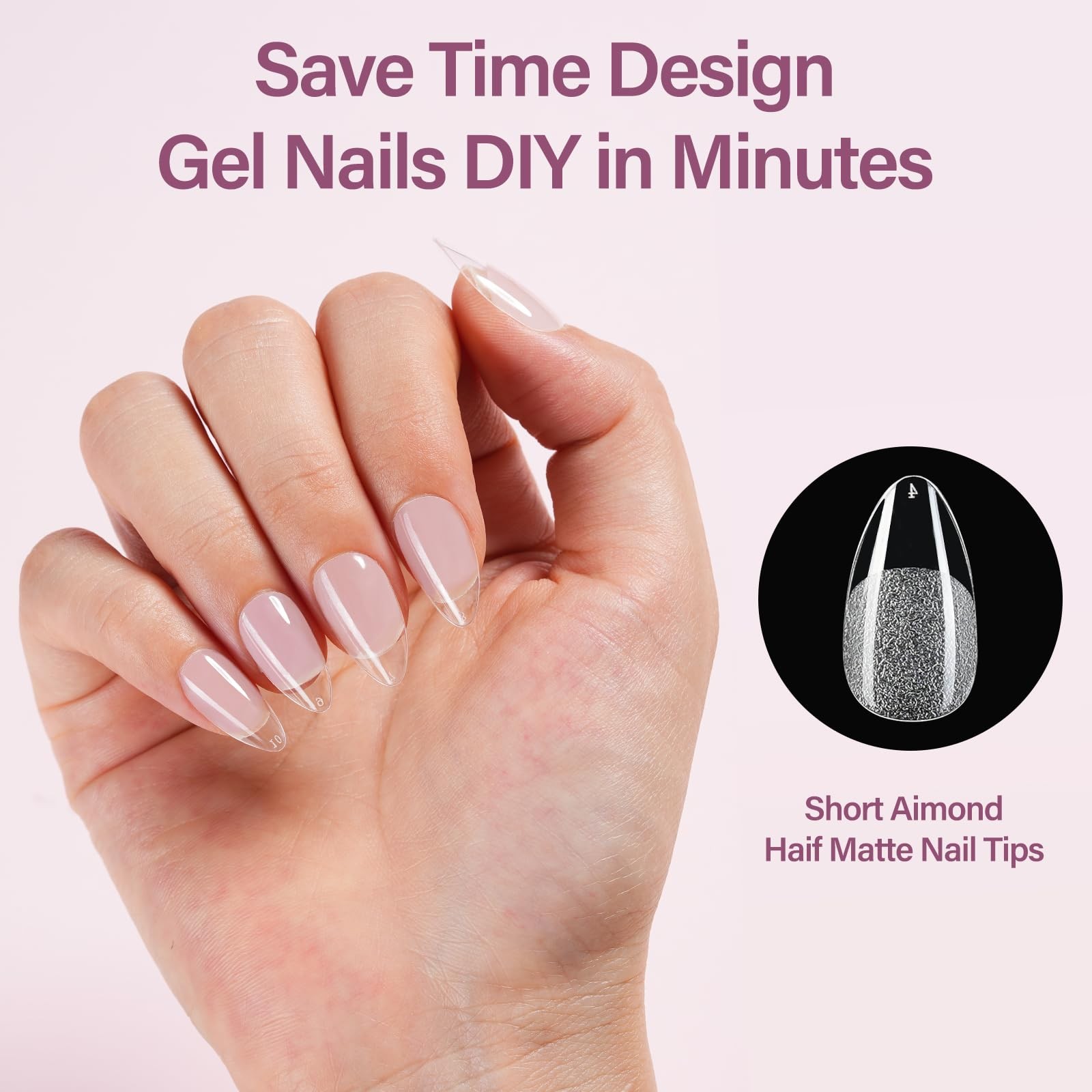Misssix Short Almond Gel Nail Tips Kit, 216Pcs Pre Etched Clear Fake