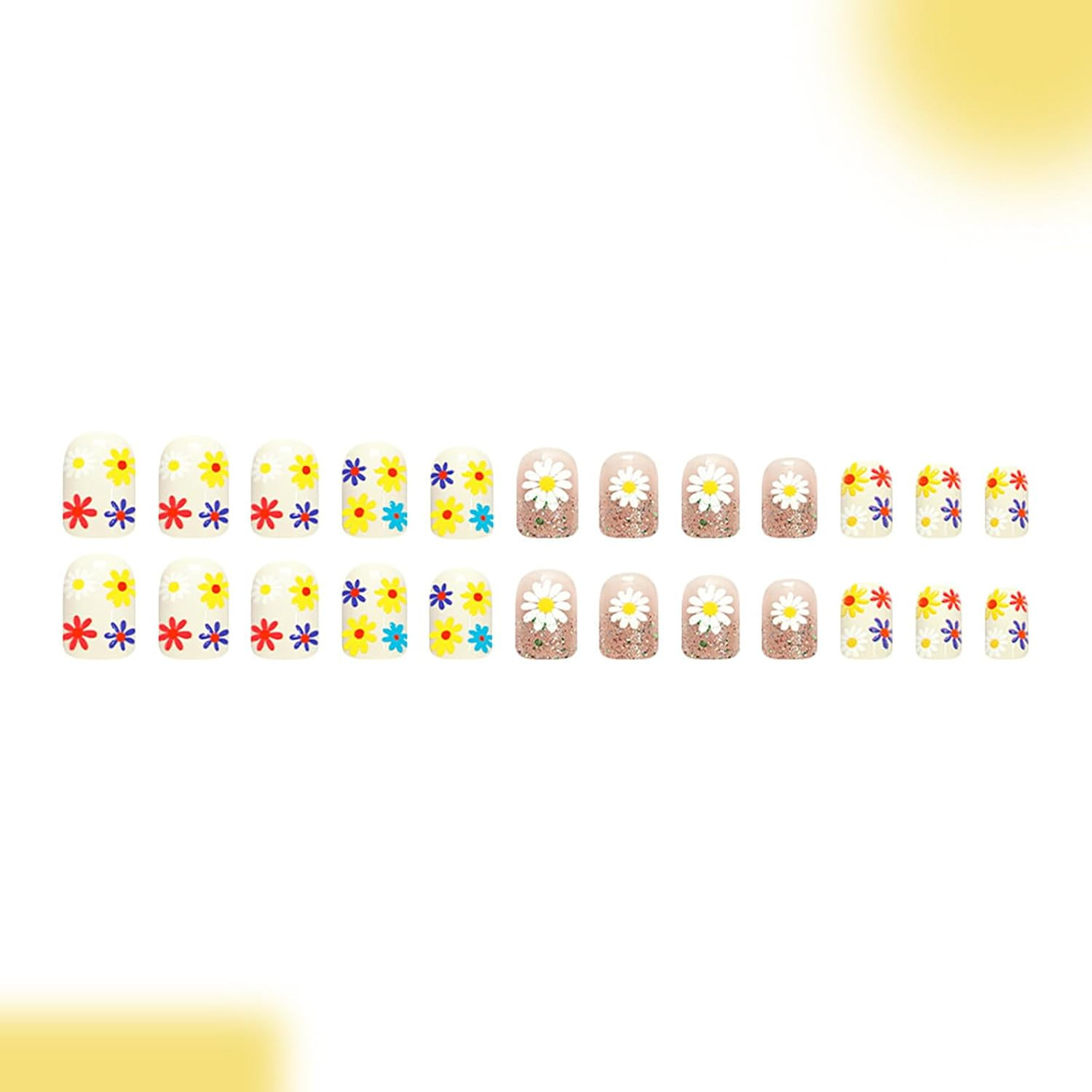 24Pcs Colorful Flower Press on Nails,Short Square Fake Nails with French Glitter