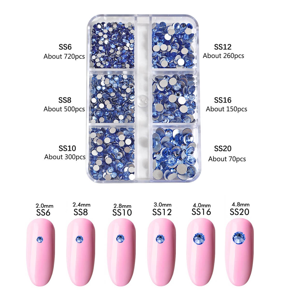 1 Box of 2000pcs Flatback Glass Rhinestones in 6 Sizes for Nail Art & Crafting