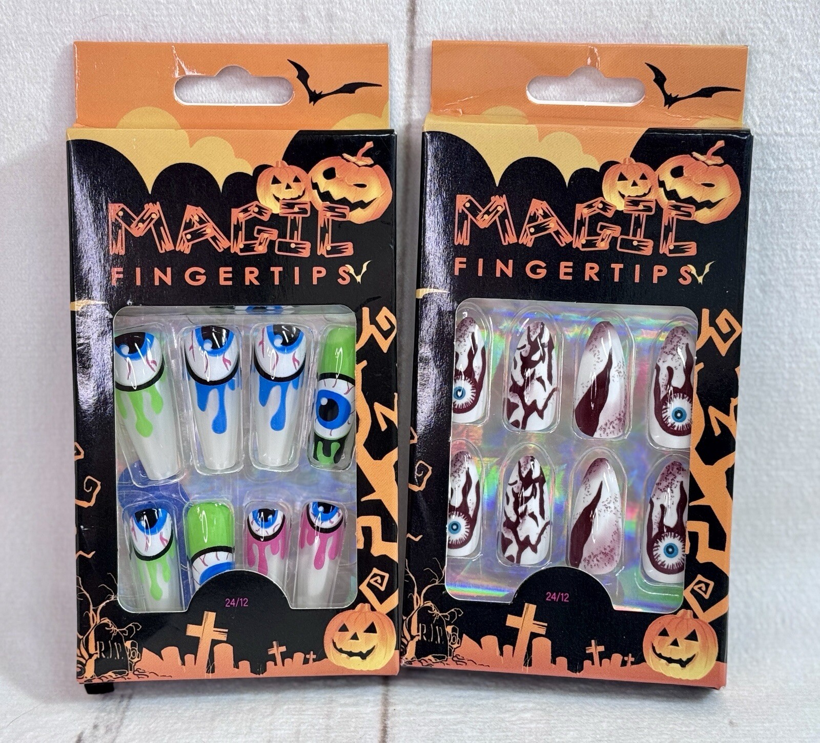 Lot 2 Magic Fingertips Glue Press On Nails Halloween Eyeball Blood Scary Costume