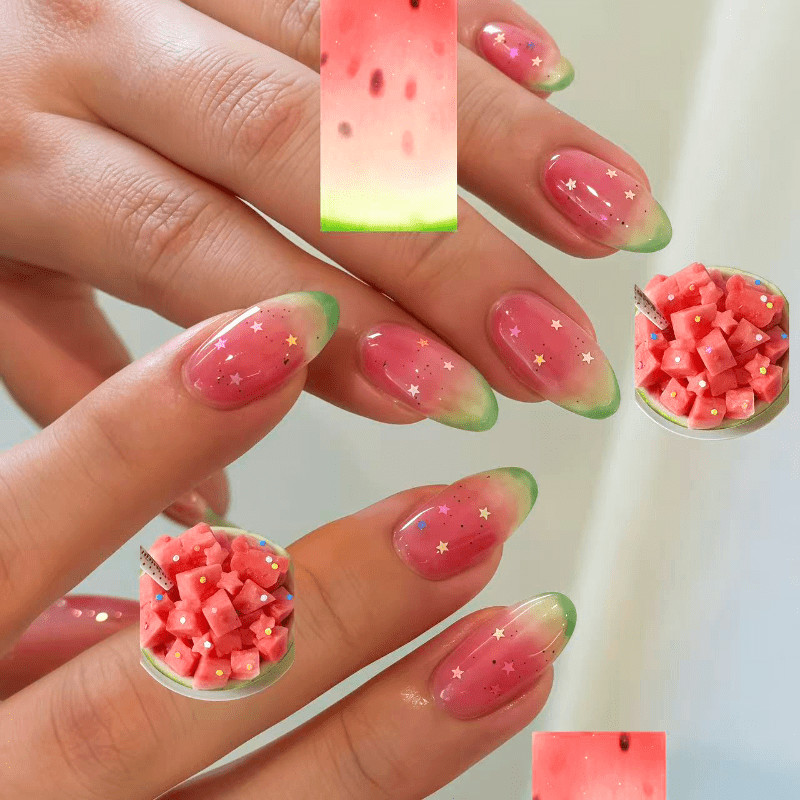 60 Pcs Watermelon Gradient Glitter Oval Press on Nails, Fresh Summer Fake Nails