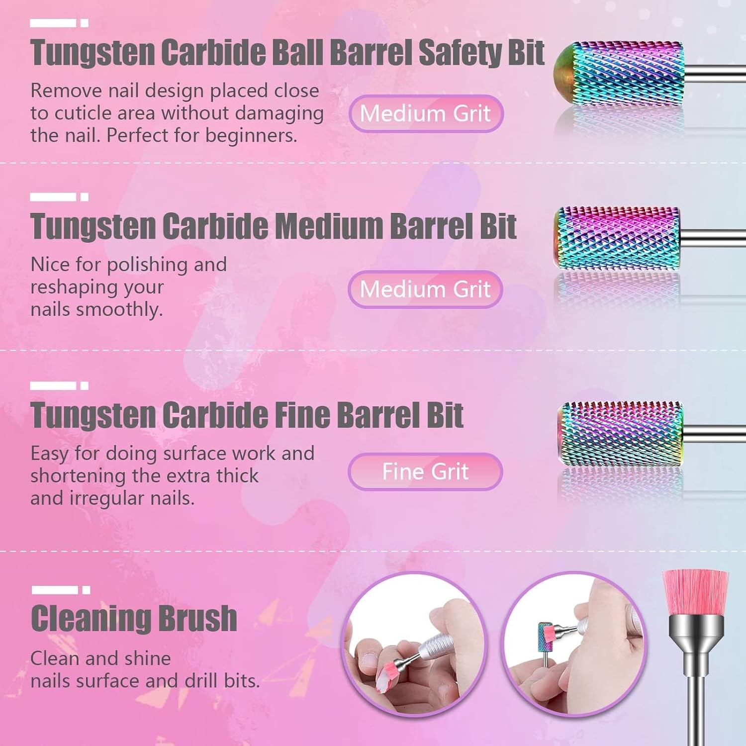 Nail Drill Bits Set with Portable Pink Case, 3/32 Inch Drill Bits