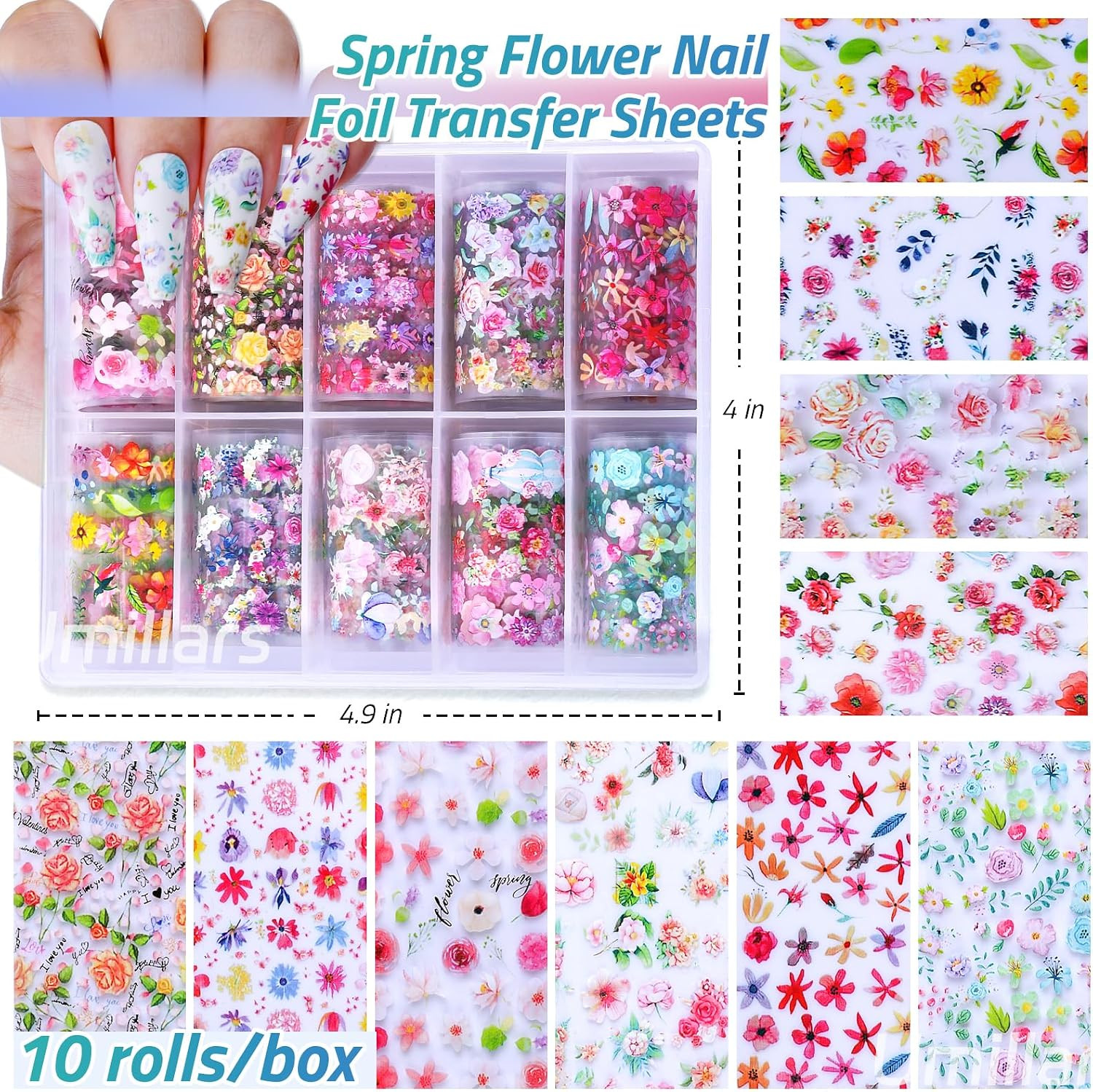 Flower Nail Foil Transfer Stickers, 10 Rolls Holographic Rose Camellia Floral Sp