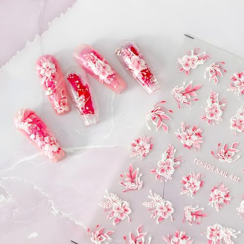 Pink Flowers Nail Art Stickers 5D Embossed Self Adhesive Nail Decals Spring