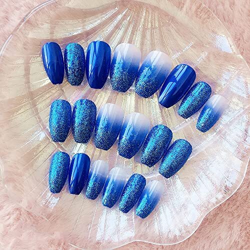 Medium Coffin Press on Nails, Blue Ombre Fake Nails, Glossy Glue on 07001Blue