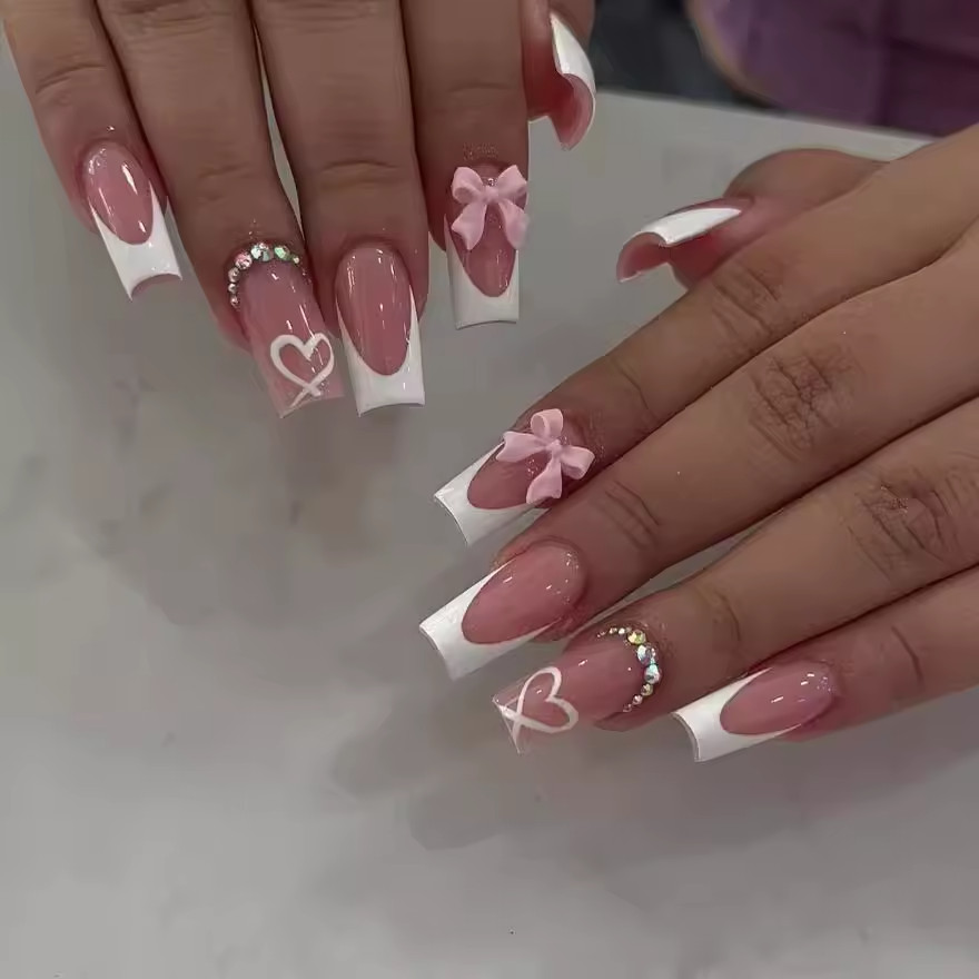 Handmade Press on Nails, Acrylic & White gel French,Valentine’s Day,Bow”Pick “.