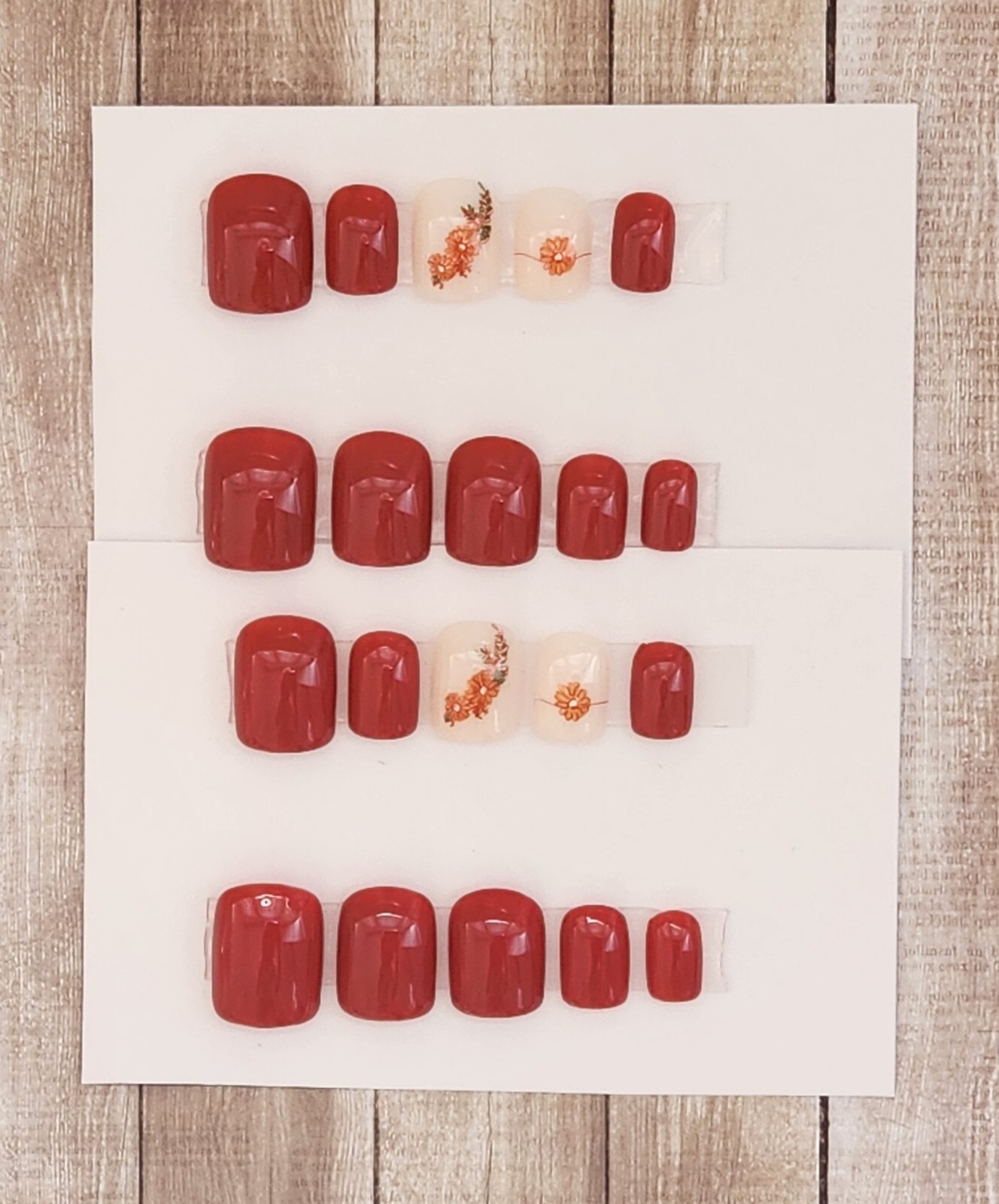Custom Press On Handmade Gel Nails Scarlet Floral Accent Square Short 20 Tip
