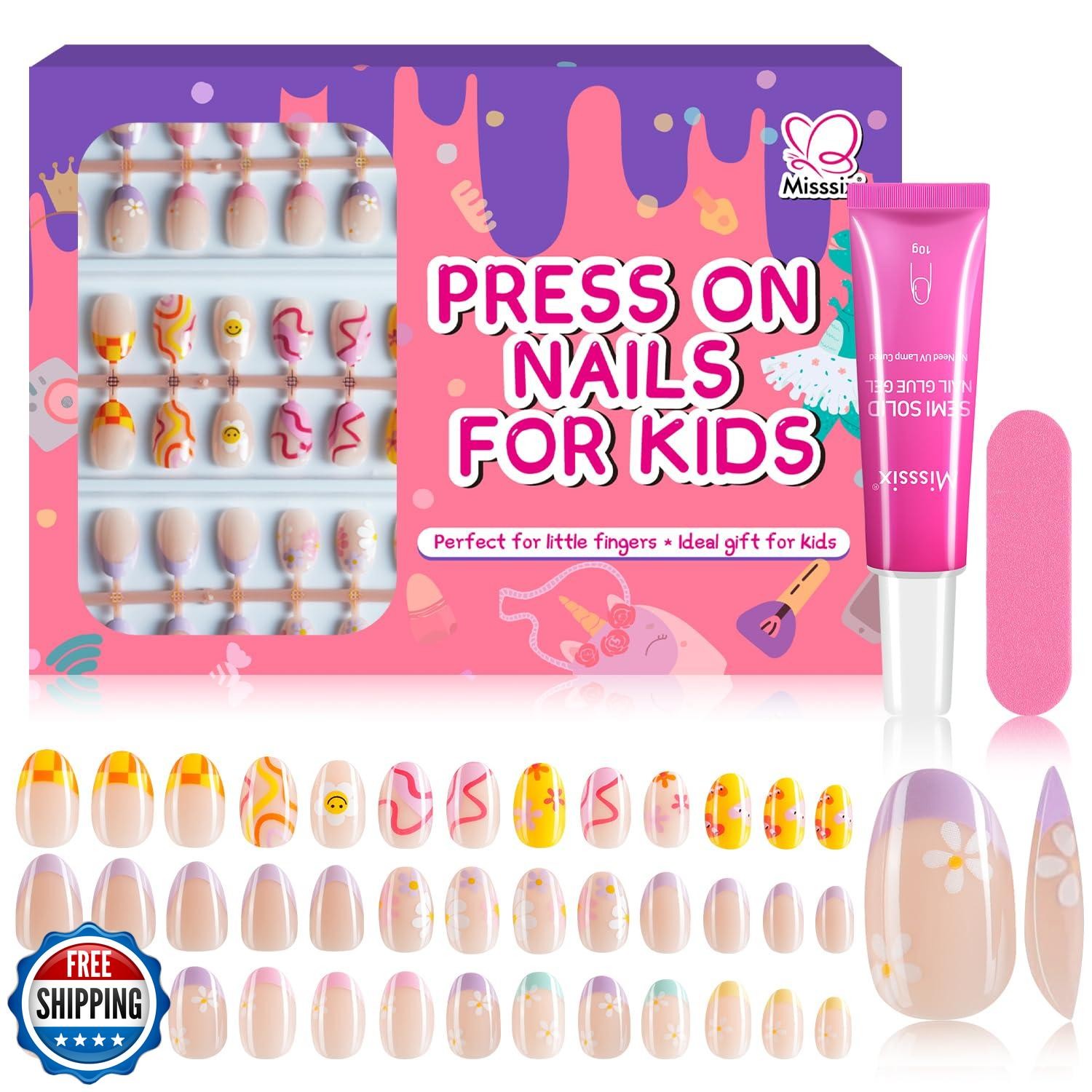 Misssix 78 Pcs Press on Nails for Kids, 3 Pack Kid Fake Nail Kit Cute Press o