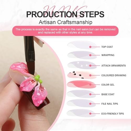 Short Blue French Tip Press-On Nails with 3D Flower Designs – 10pcs Acrylic Set
