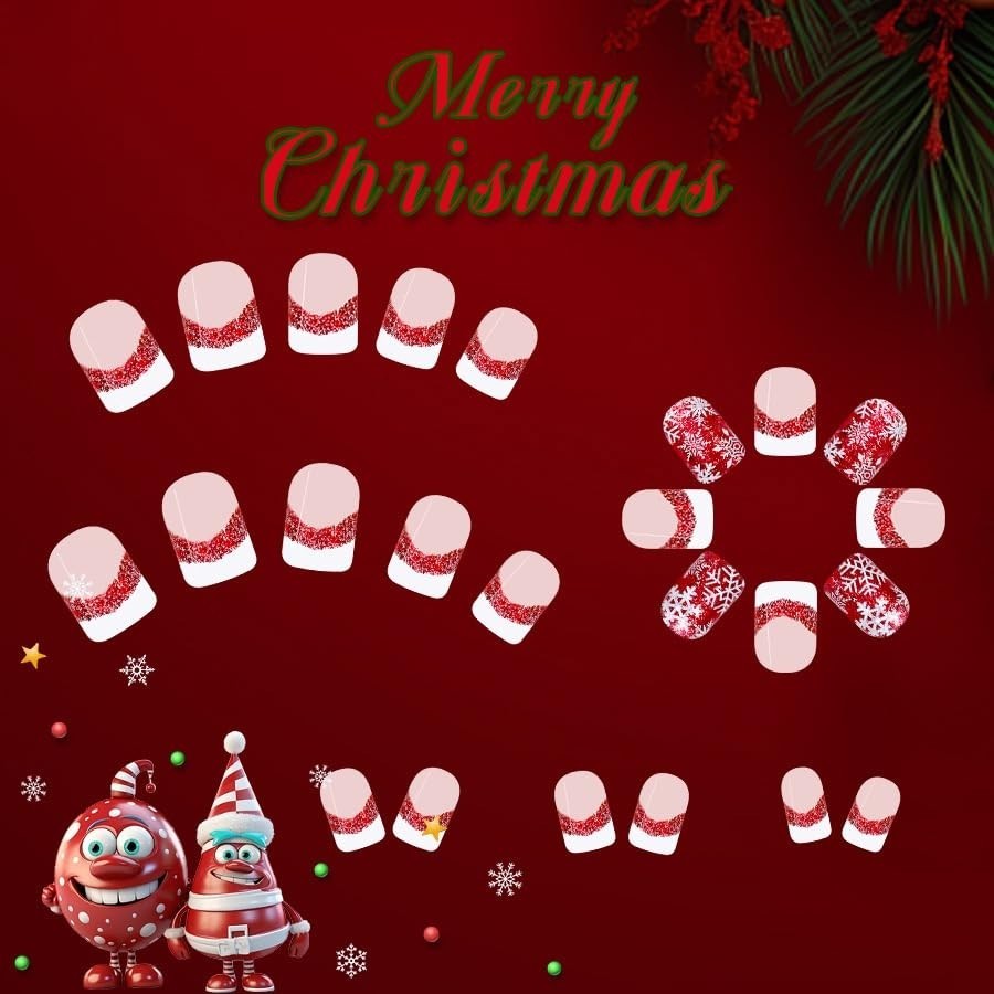 2 Packs 48Pcs Christmas Press on Nails Short Square Fake Nails Red Green Glit…