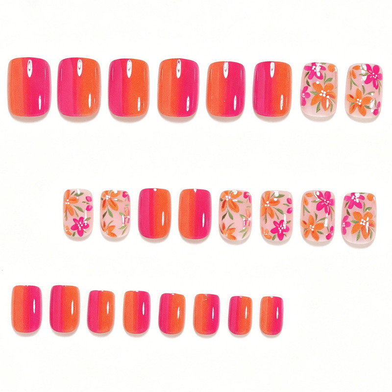 48Pcs-Short Square Bright Pink Orange Gradient Floral Summer Press on Nails Set