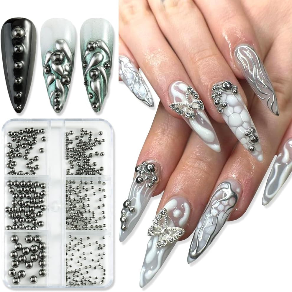 Mixed Sizes Half round Steel Beads 3D Nail Charms, Black Flatback Metal Caviar B