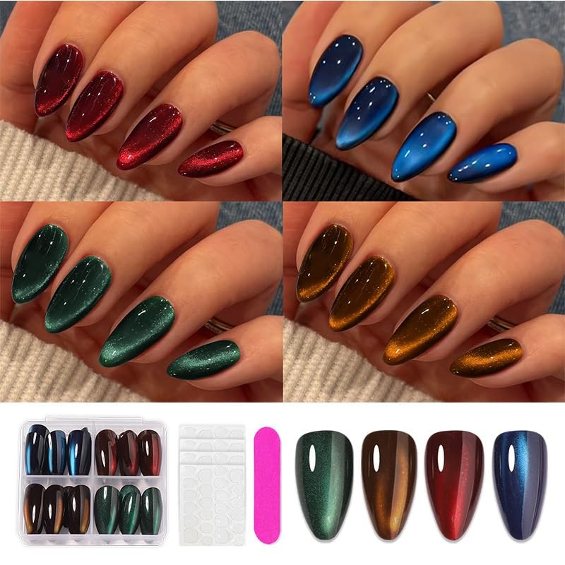 4Packs 96Pcs Cat Eye Press on Nails Medium Almond Fake Medium, Style 9