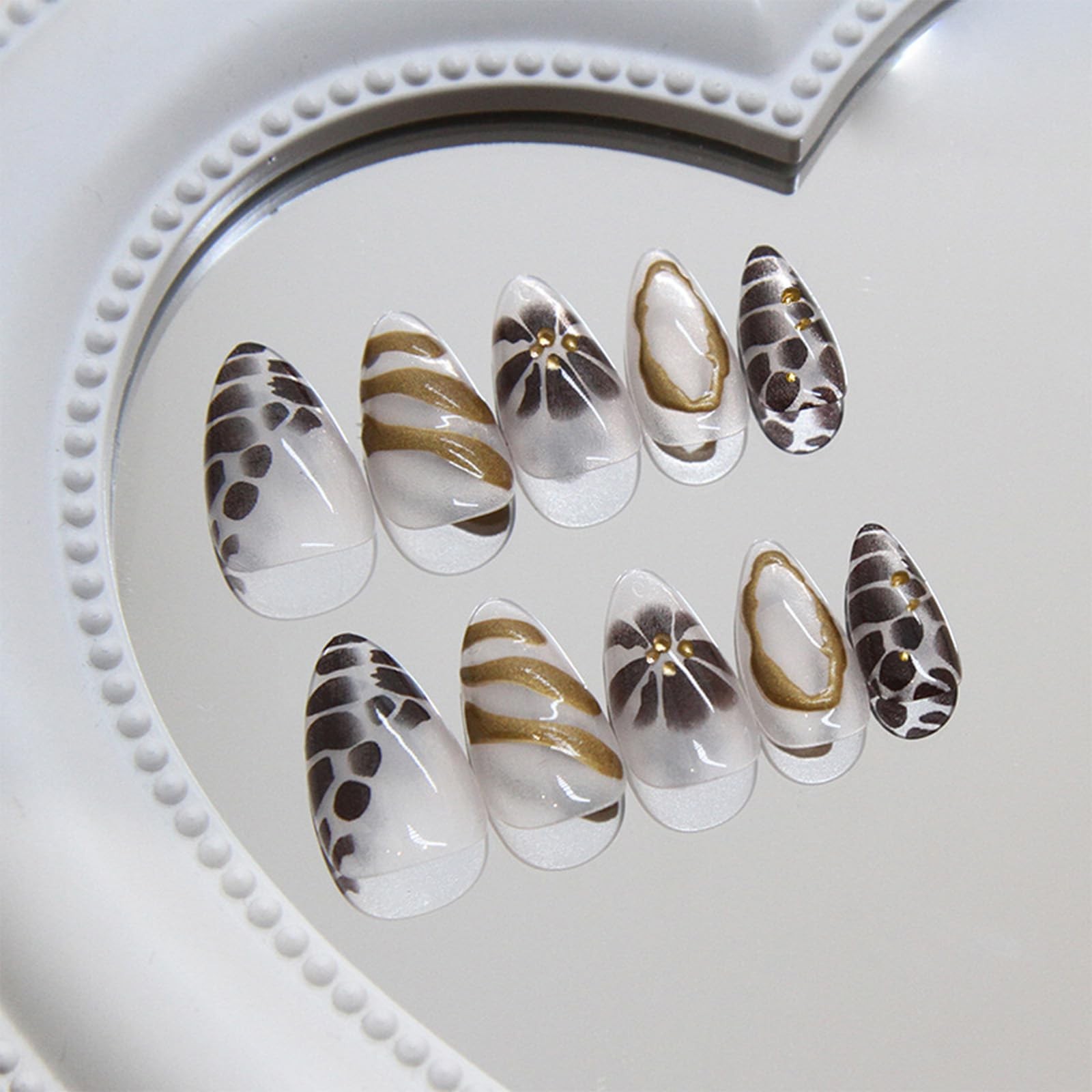 3D Gold Curve Line Press on Nails 24Pcs Turtle Print False Nails Glossy Brown…