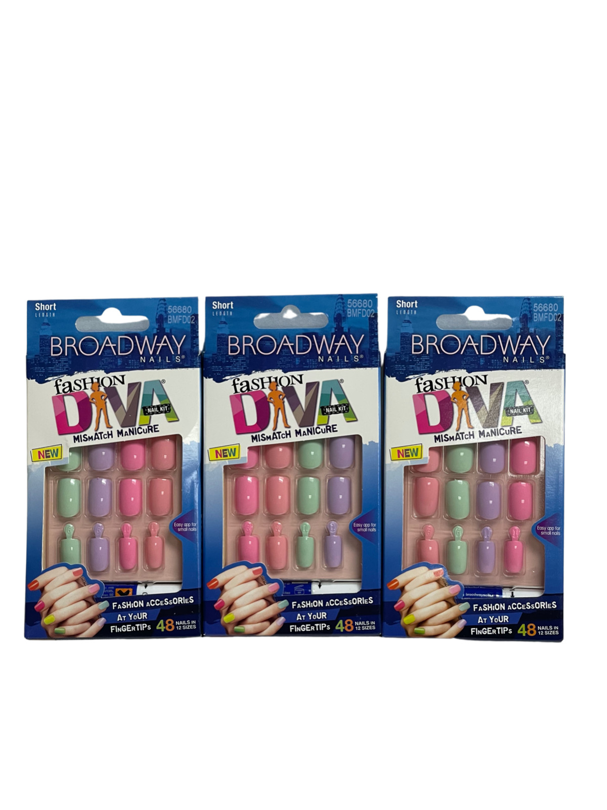 LOT 3 KISS BROADWAY FASHION DIVA GLUE ON NAILS PASTEL COLORS MISHMASH (NO GLUE)