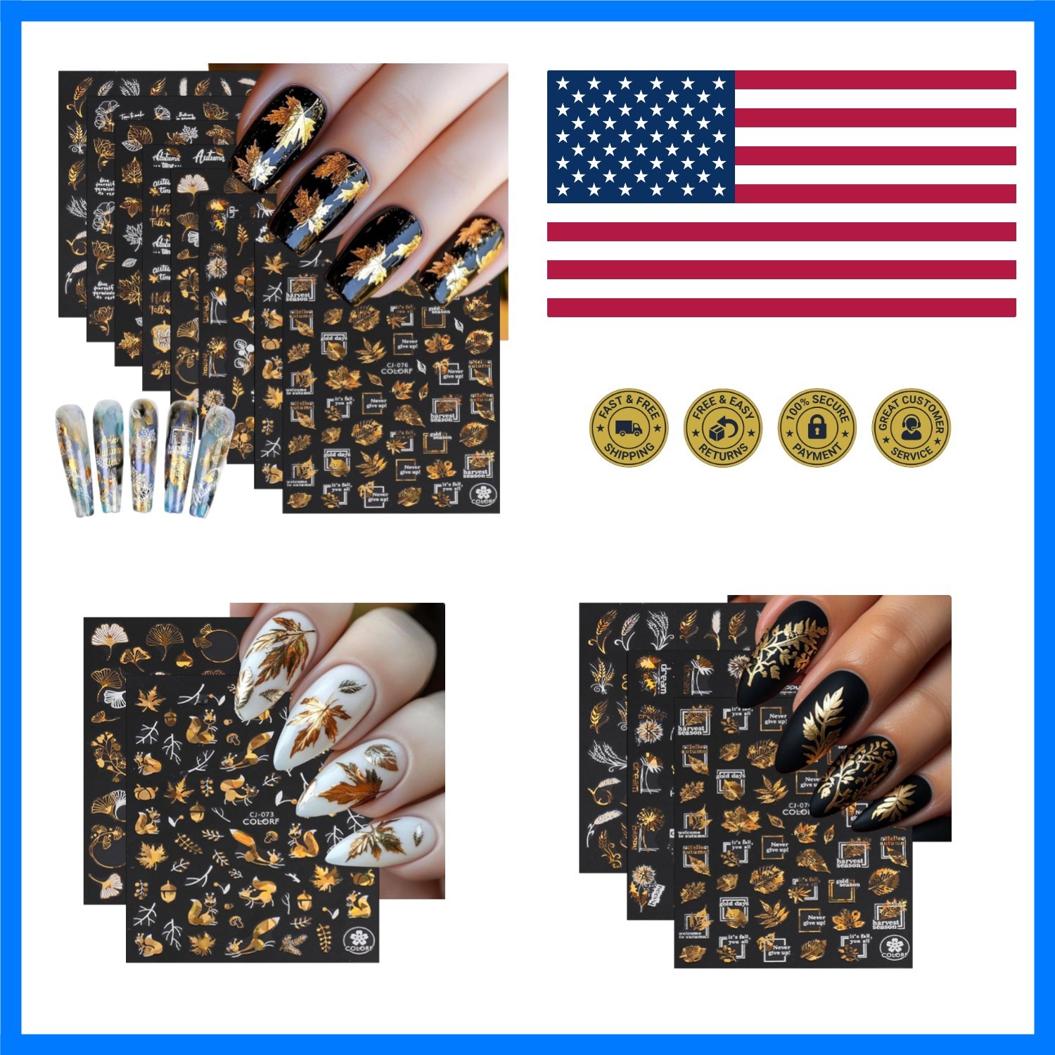 9 Sheets Bronzing Fall Nail Art Stickers 3D Glitter Metallic Maple Leaf Nail …