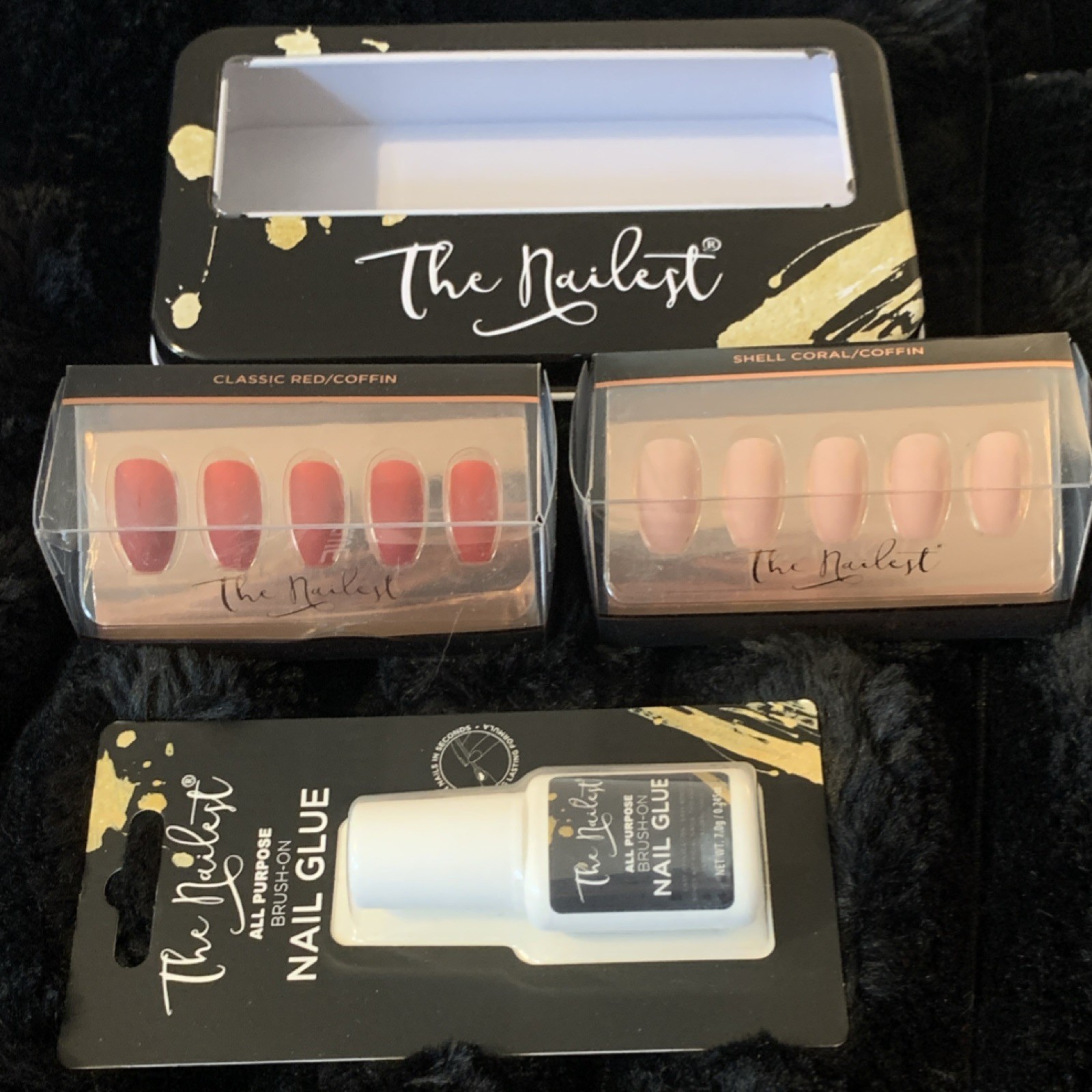2 – Nailest Press-On Nails Classic Red & Shell Coral Coffin Full Cover Glue Tin