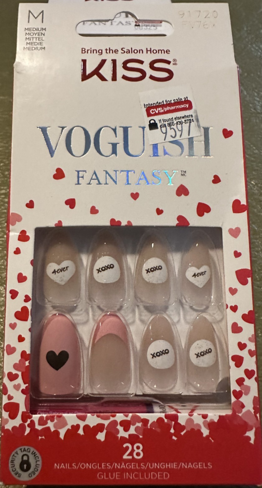 Kiss Nails Manicure Medium White Heart Pink Tip Glitter XOXO Fantasy Gloss
