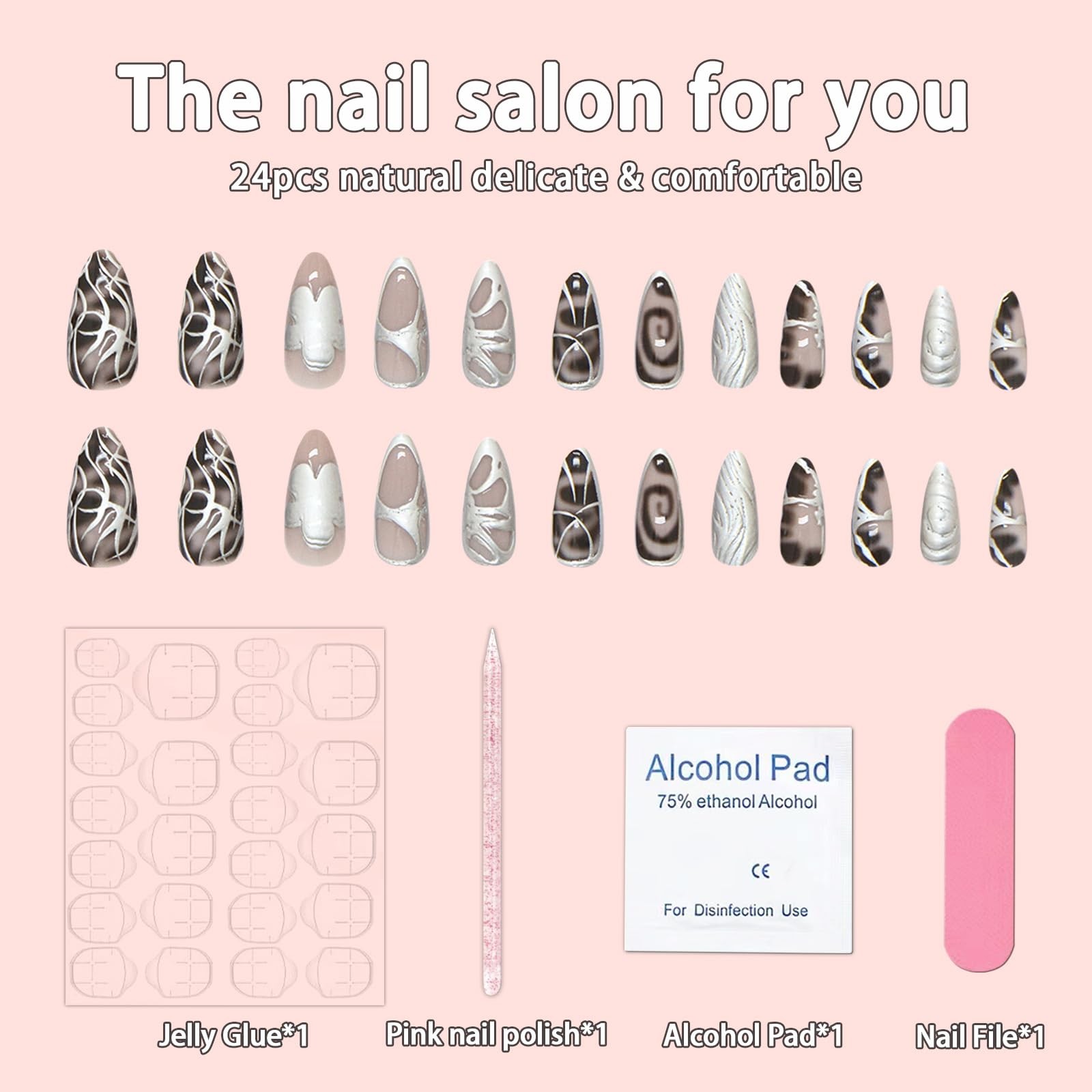 Silver Press on Nails Medium Almond Fake 3D Almond, Multicolor