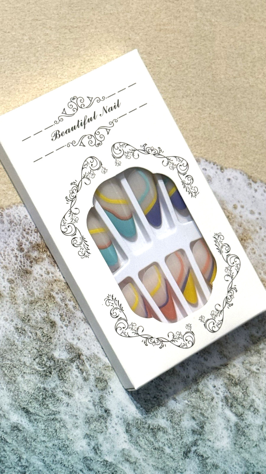 Beautiful Nail MILKY WHITE FRENCH with COLORFUL SWIRLS Press On Mani Long Almond