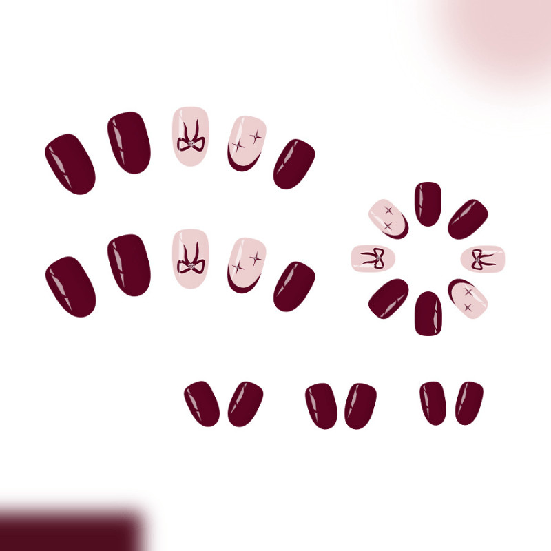 48Pcs-Long Almond Burgundy Nude Bow Star Rhinestone Fake Press on Nails Set