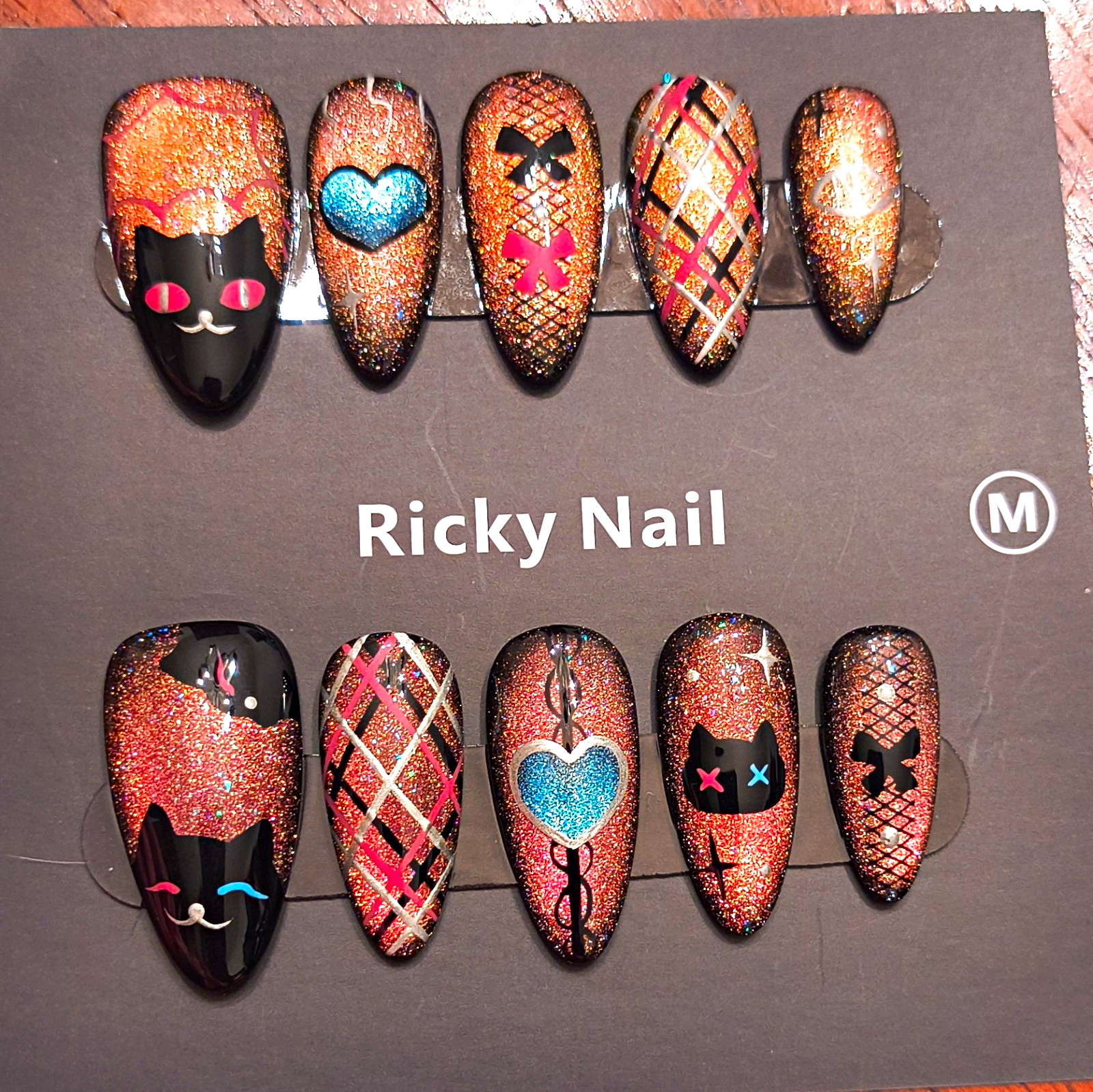 Ricky Nail Press-On Nails Medium Coffin Black Copper Blue Pink Glitter Cat