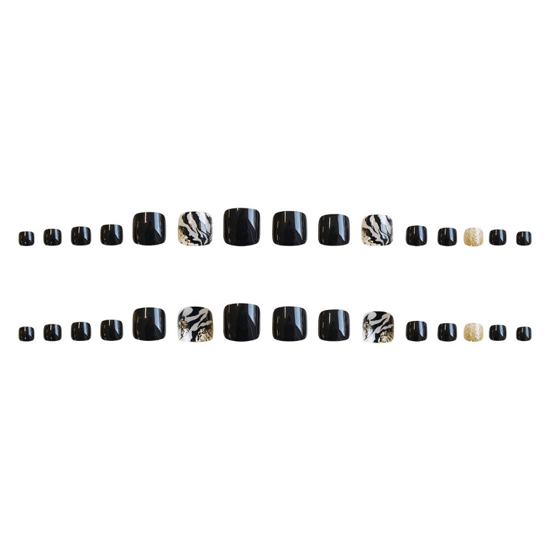 48Pcs Short Square Black Gold Zebra Press on Toe Nails Glitter Party Daily Nails
