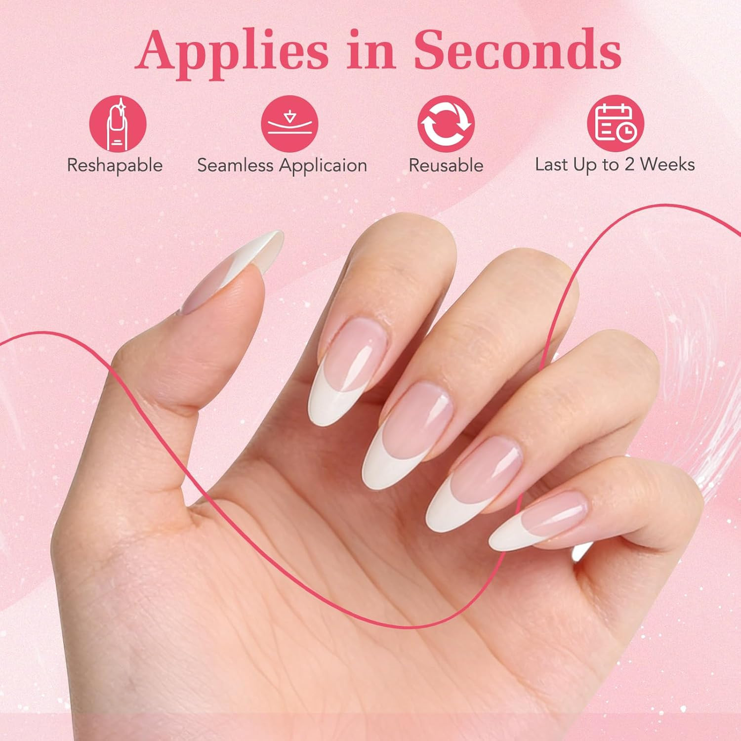 French Tip Press On Nails – Medium Pointed Almond Shape, 15 Sizes 30 Pcs Soft Ge