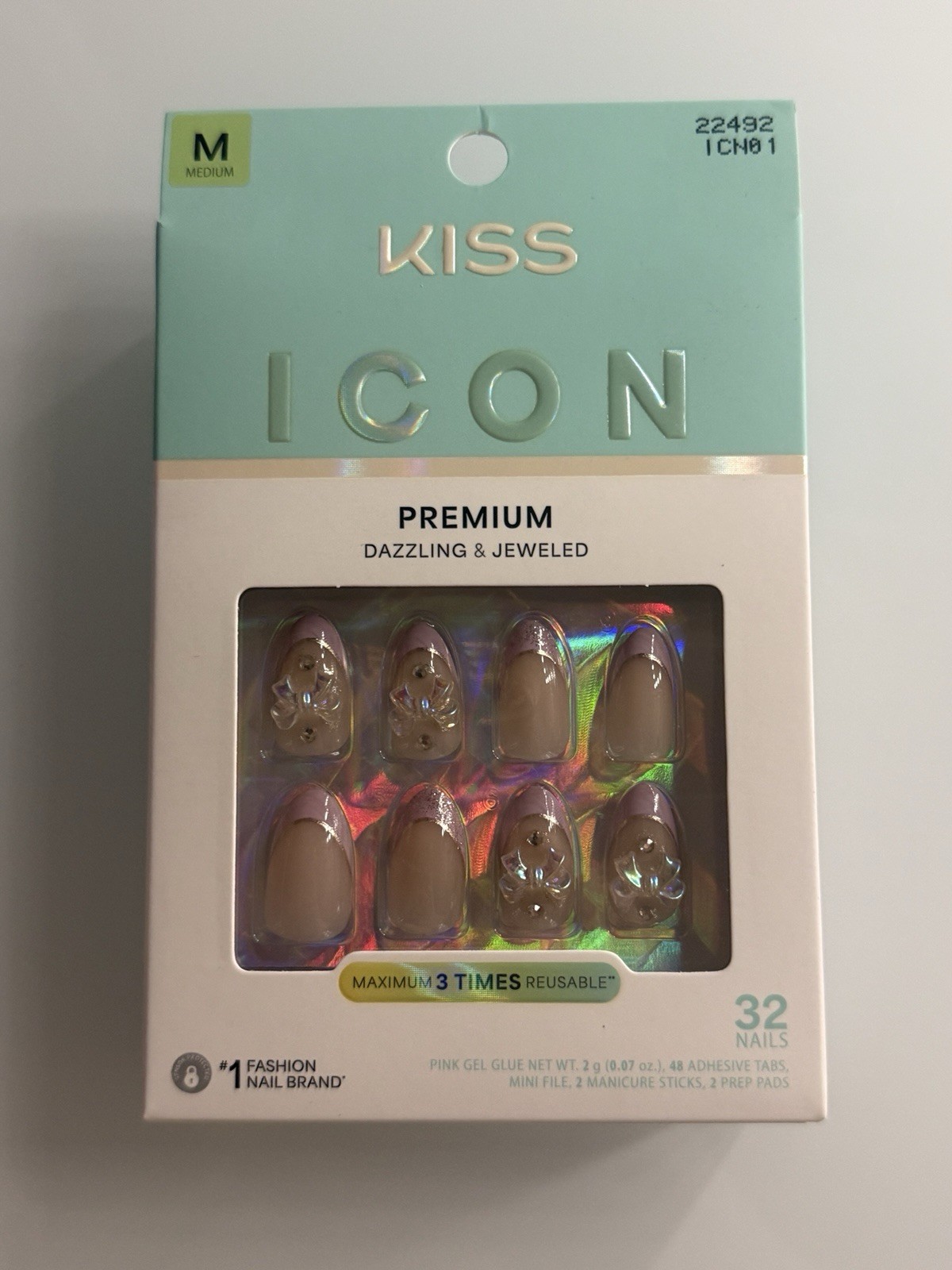 Kiss Medium Almond Pink 3D Shiny Sparkle Press-On Nails Full Cover Reusable