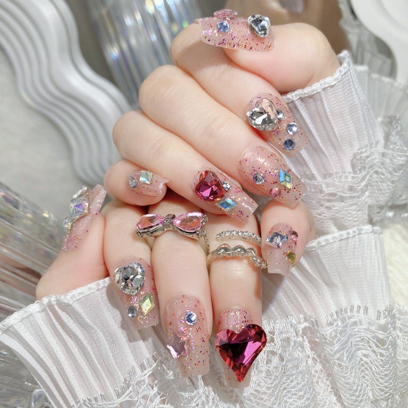 48pcs-Luxury Bling Press on Nails with 3D Heart Crystals and Glitter Overlay