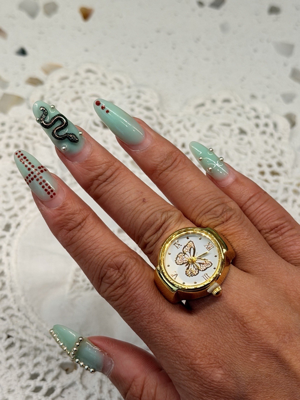 Mint Green Black Coffin Long 3D Press-On Nails Snake Dots Pearls Full Cover