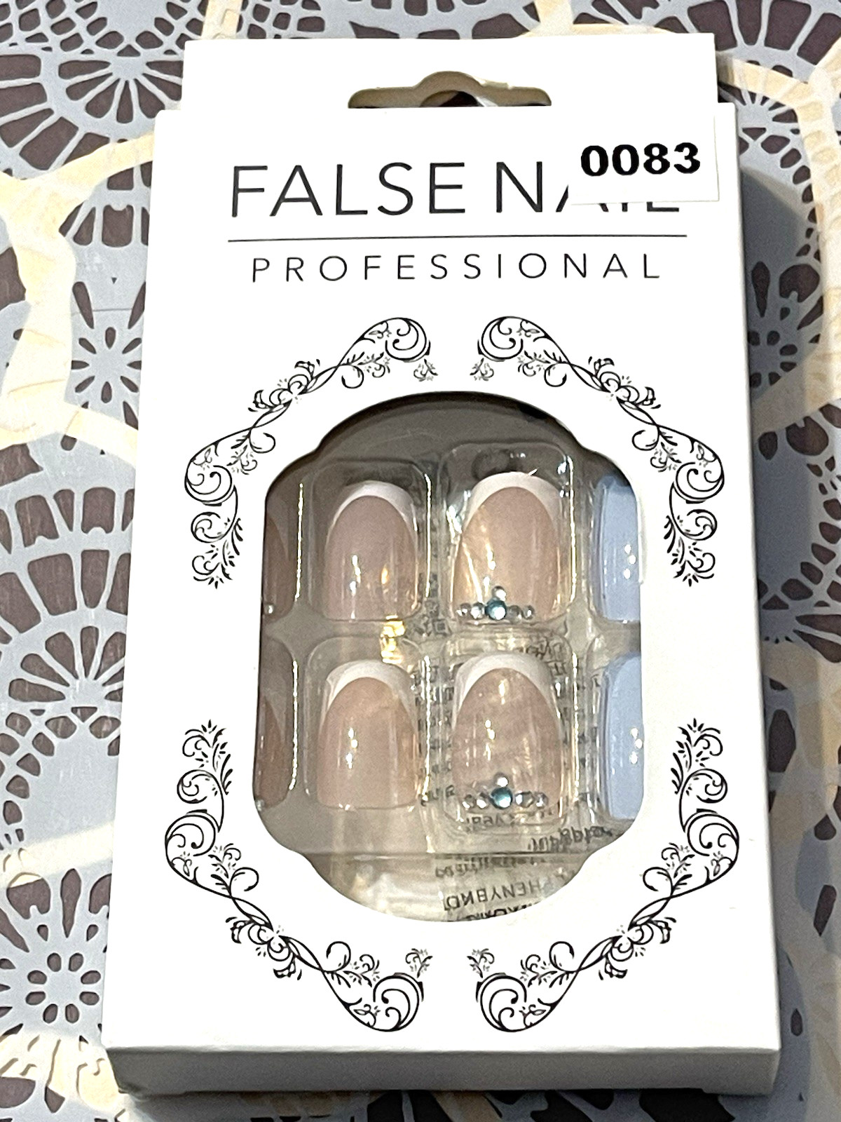 False Nail Professional NUDE SHEER WHITE FRENCH TIP with STONE DETAILS Press On