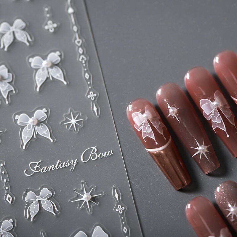 5D White Bowknot Nail Decal, Pearls Nail Decals, Star Nails Art Stickers (330)