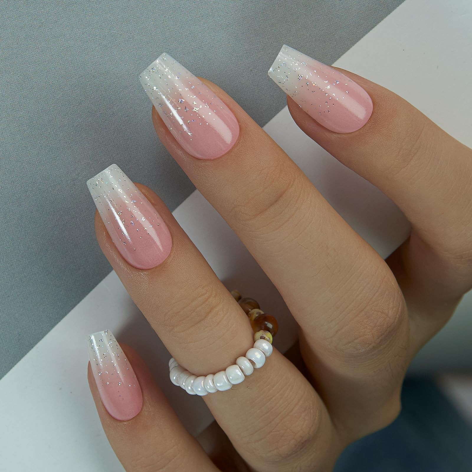 Curvlife Bling Coffin Press on Nails 24 Piece Assortment, Gradient Nude White