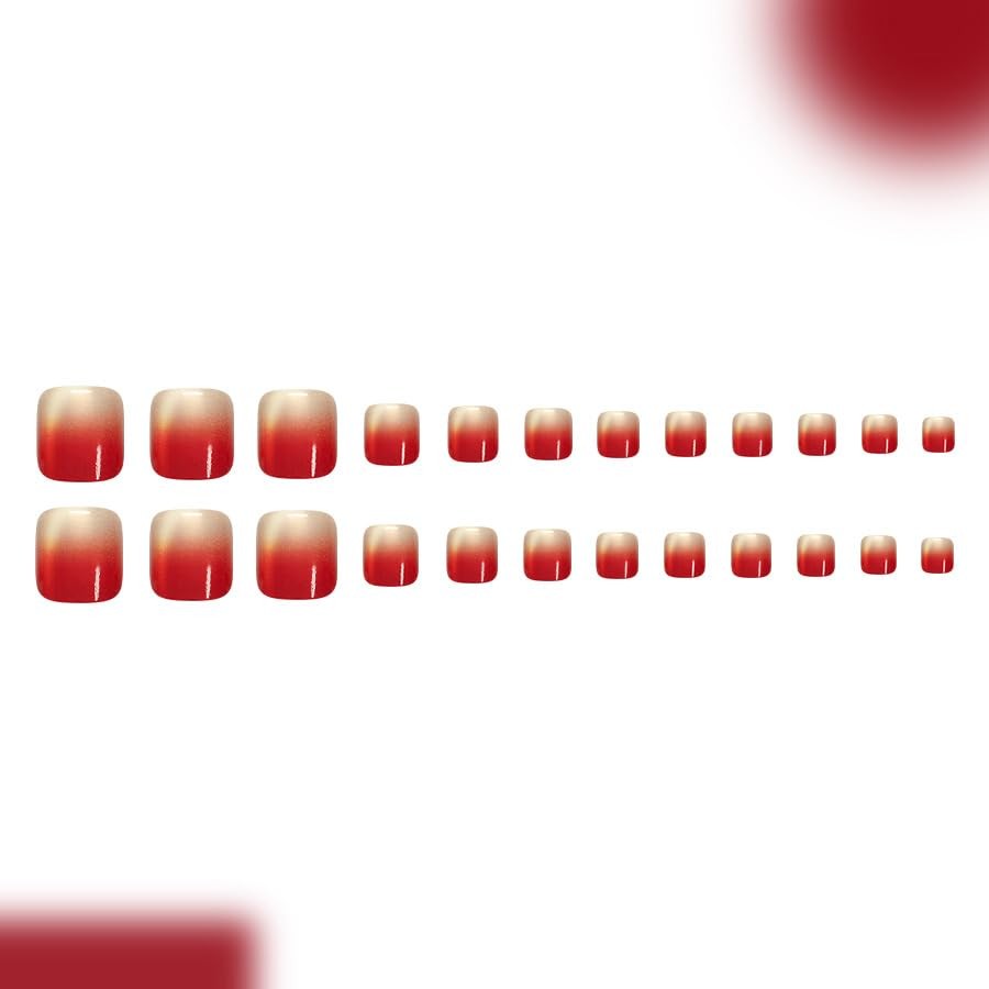 Red Ombre Press on Toenails Short Square Fake Toe Nails Wine Red Style 6
