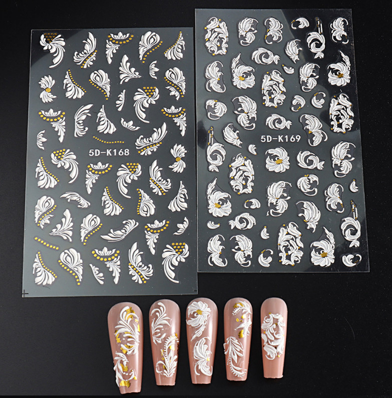 5D Nail Stickers Embossed White Rose Flower Decals Art Decora Wedding Party NH7