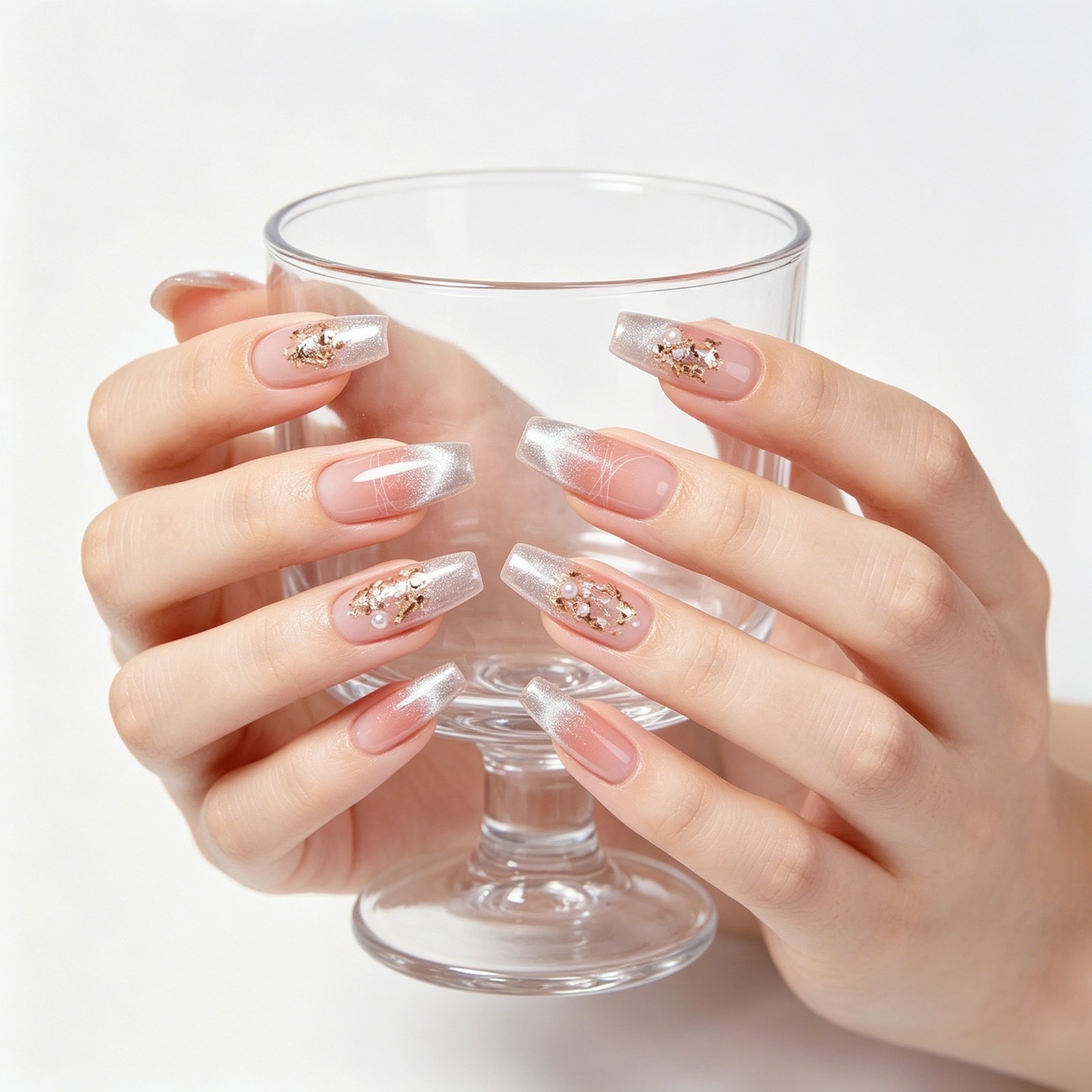 Blush Gradient Cat Eye Coffin Nails Gold Foil Glitter Press On False Nails Brida