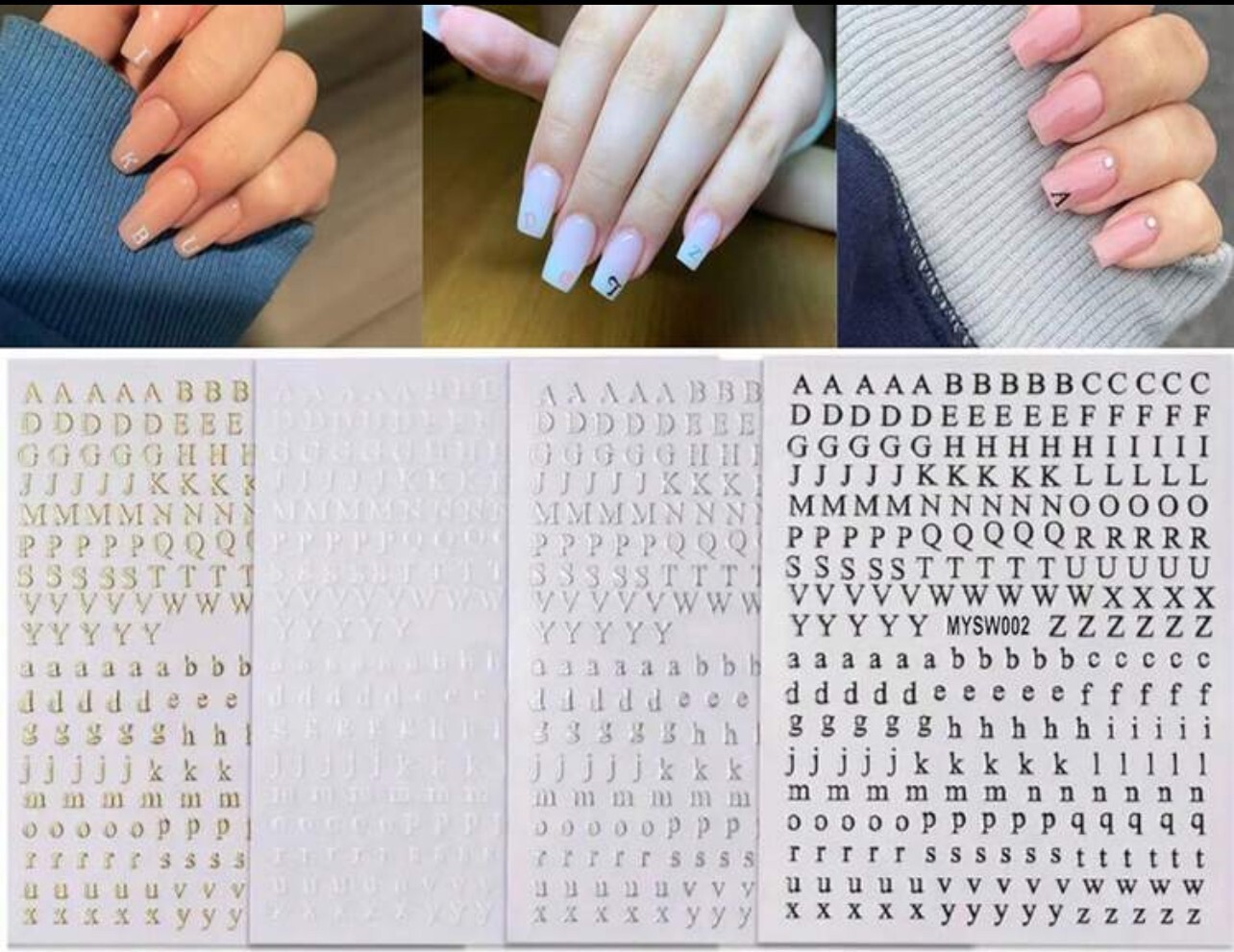 Nail Art Stickers Decals English Alphabet Letters Gold Silver Black White Letter