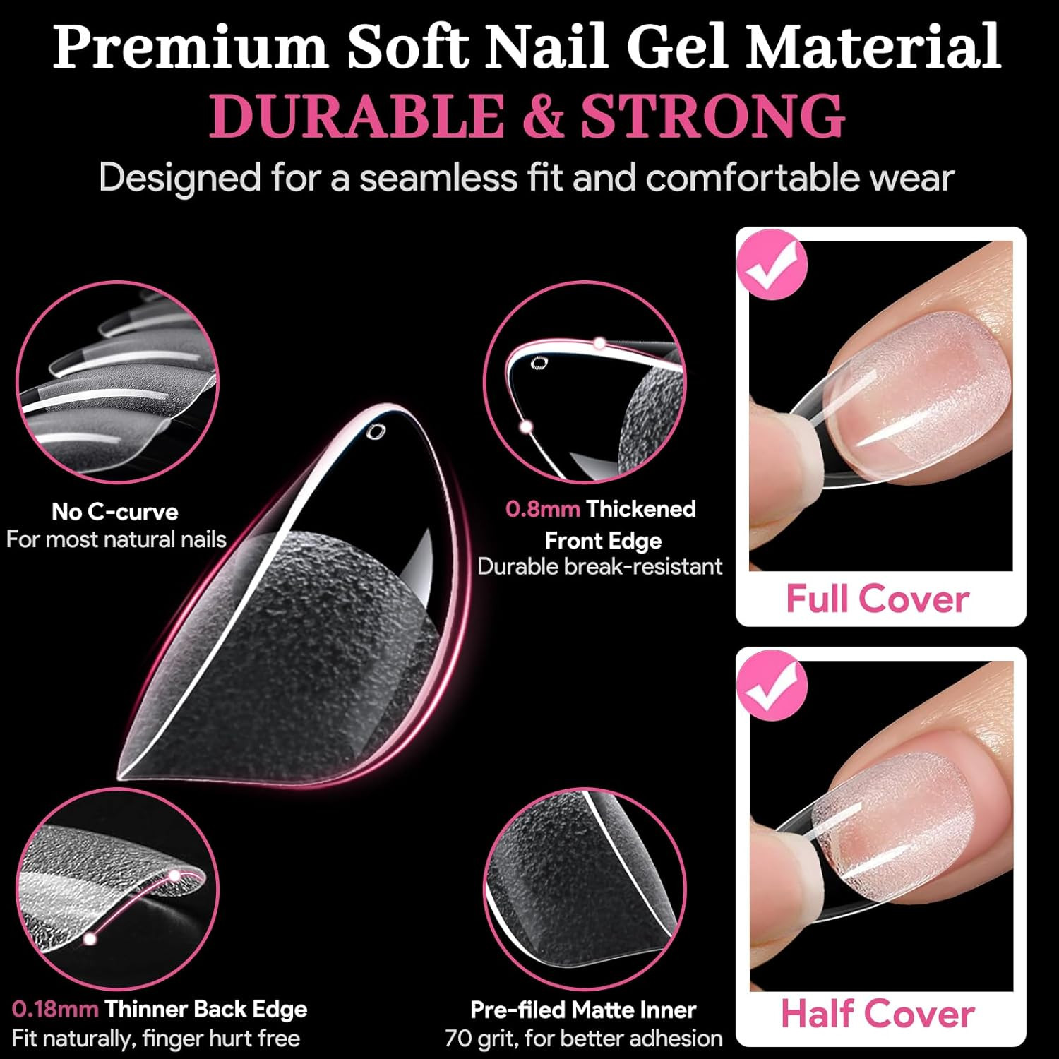 Short Almond Nail Tips – 15 Sizes 240 PCS Half Matte Full Cover Clear Fake Nails
