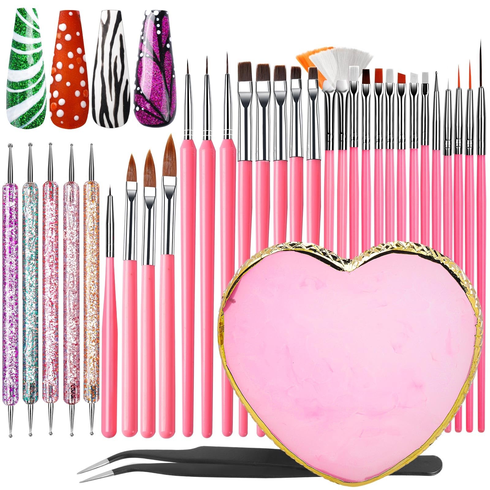 FANDAMEI 33pcs Nail Art Tools, Design Brushes, Pink
