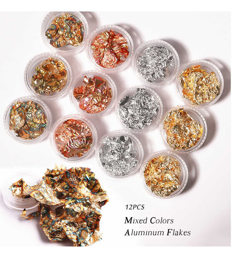 12 Pcs Nail Art Metal Foil Mixed Colors Paper 3D Sticker Flake Decal Decoration