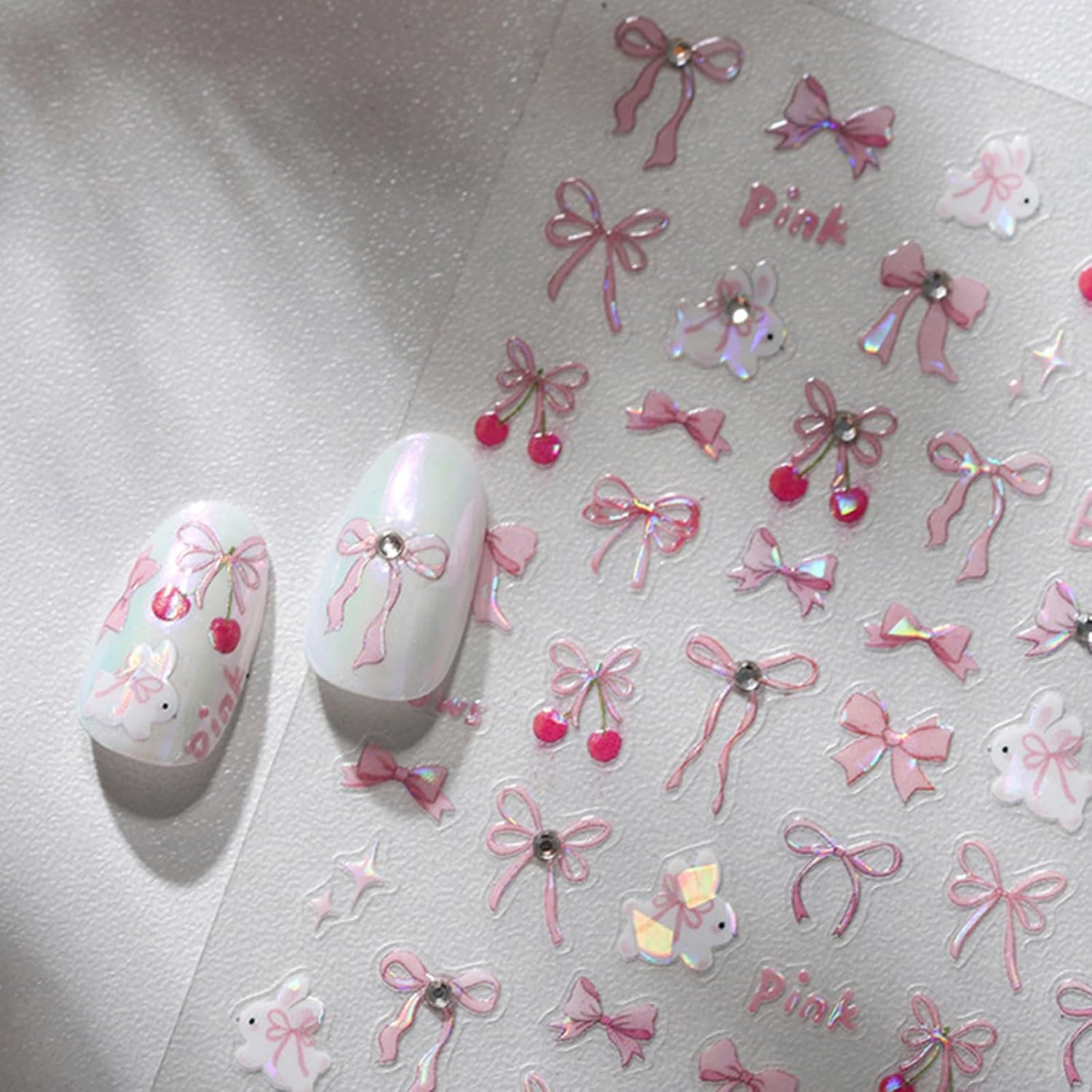 1 Sheet Bow Nail Art Stickers 5D Self-Adhesive Glitter Pink Bows Nail Art Design