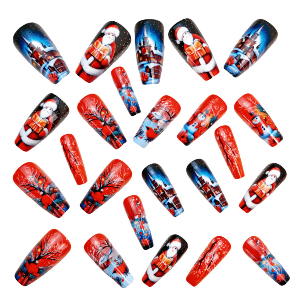 48Pcs Red Xmas Press on Nails Santa Snowman Cabin Hand Painted Fake Nails